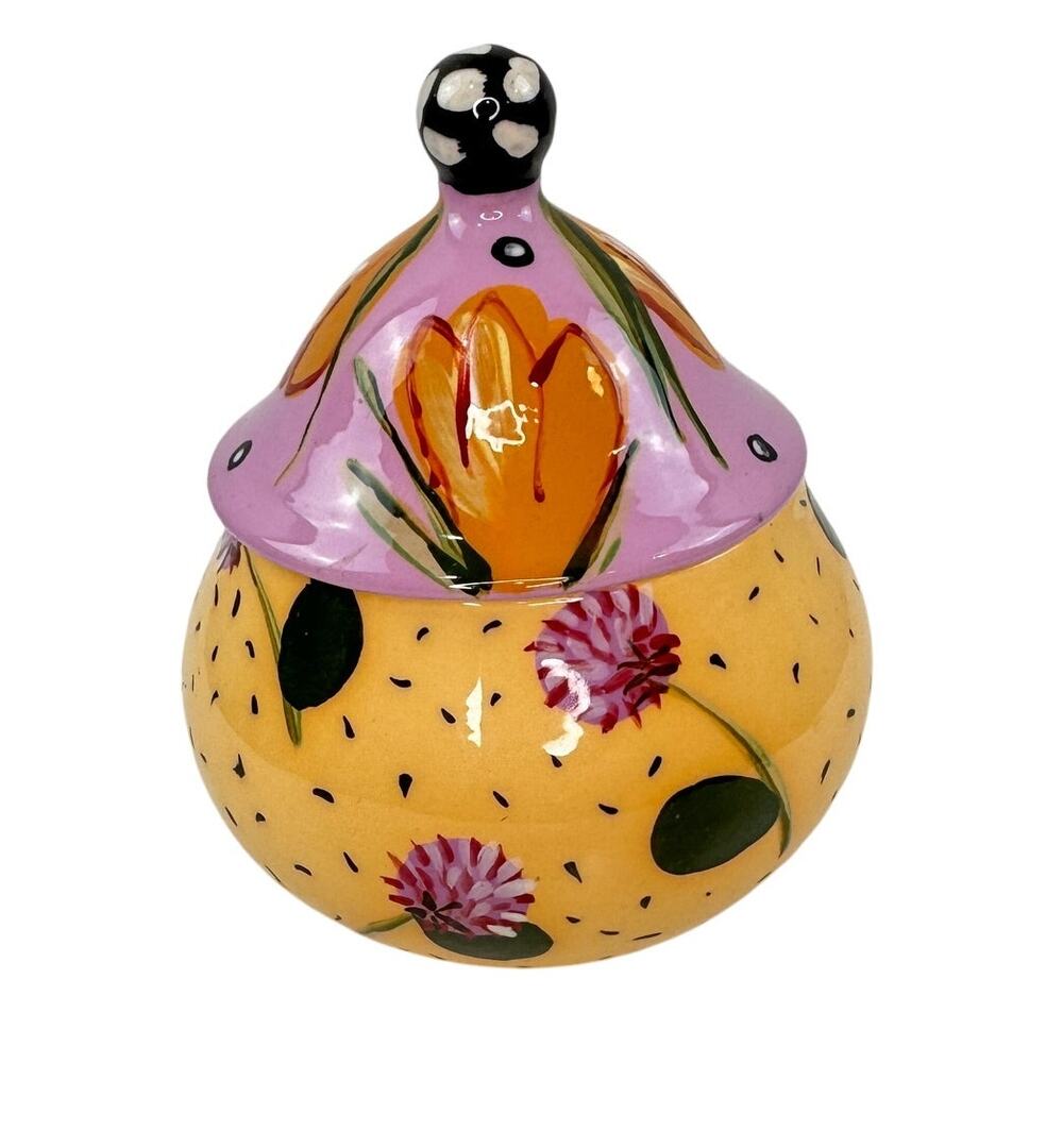 Droll Designs Multi Lidded Sugar Bowl Floral Ceramic Round Hand Painted RARE